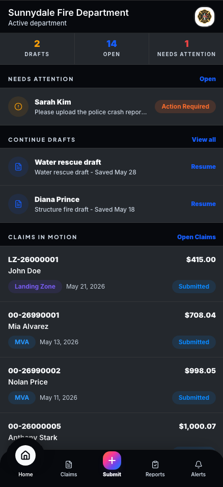 Onsite Fire Billing mobile claim manager dashboard